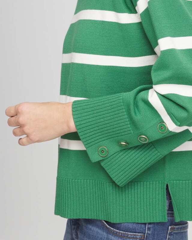Striped Button Sleeve Crewneck Pullover Sweater - image 4